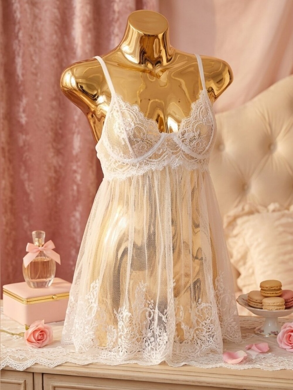 Sheer Lace Babydoll Nightdress - White